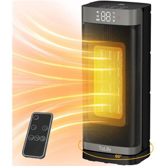 Space Heater Indoor with Thermostat, 16 inch PTC Electric Heater, 60°Oscillating - Picture 1 of 6